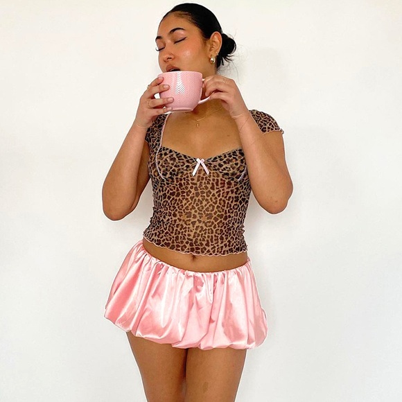 PrettyLittleThing Tops - Cleo Darling Leopard Mesh Crop Top Short Sleeve BowKnot Lettuce Trim Sheer Tops